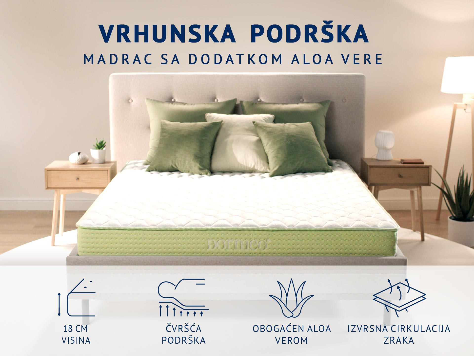 Madrac Dormeo Aloe Vera+ Memory 18 cm. Srednje tvrda udobnost, s aloe verom, memorijska pjena, Ecocell® pjena