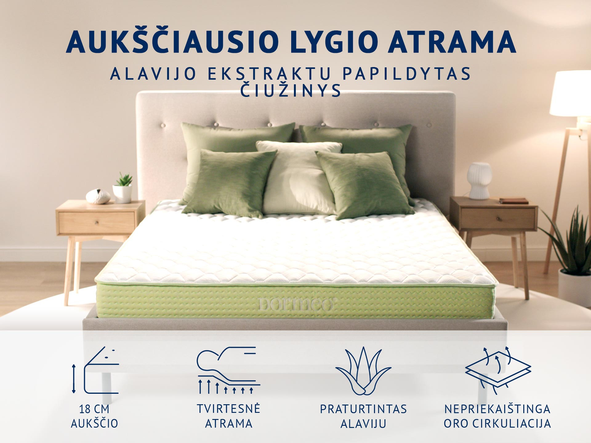 DORMEO ALOE VERA+ MEMORY čiužinys, 18 cm. Vidutinio kietumo, su alavijo ekstraktu, „Memory“ medžiaga, Ecocell® pagrindas