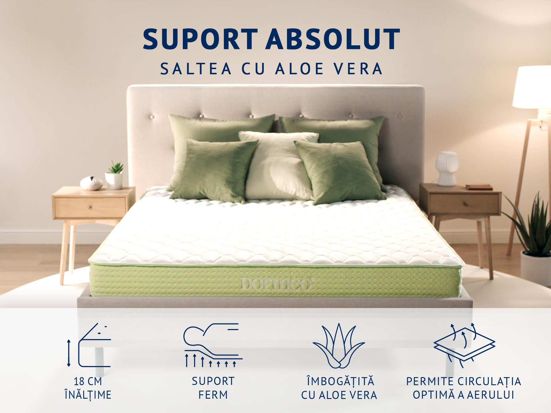 Saltea Dormeo Aloe Vera Memory + 18 cm. Fermitate medie-fermă, cu Aloe Vera, spumă cu memorie, nucleu din spumă Ecocell®