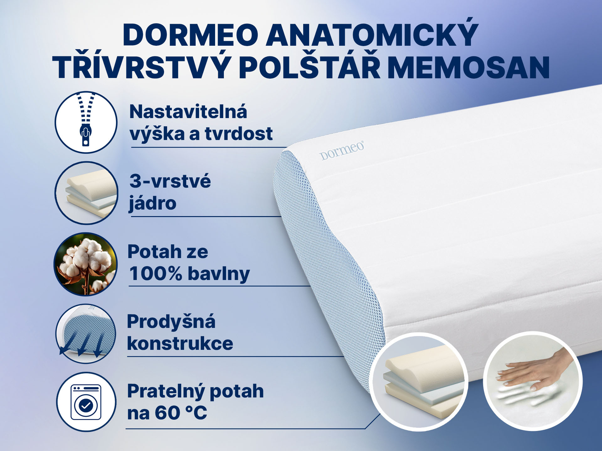 Dormeo anatomický třívrstvý polštář Memosan