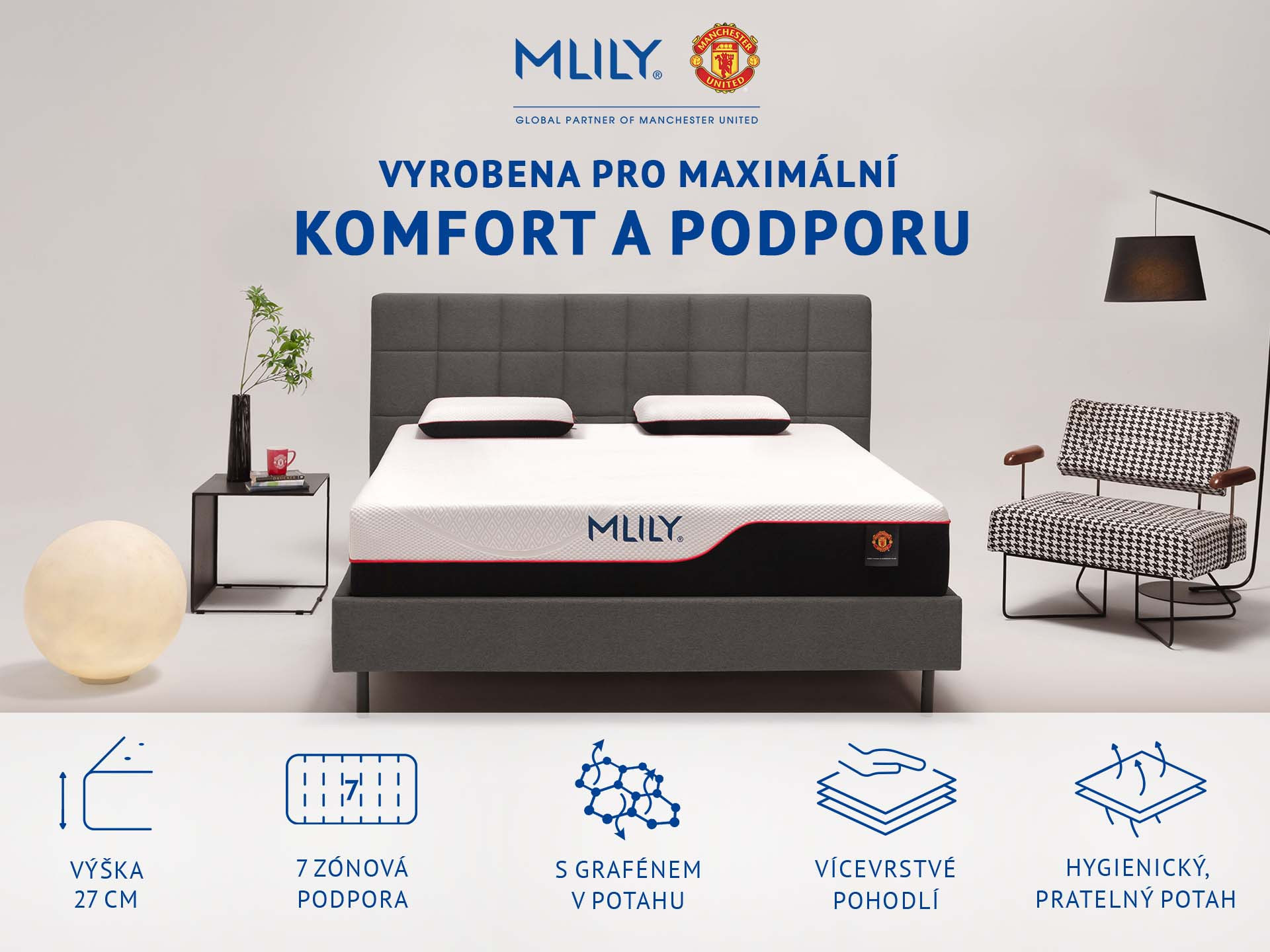 2x 90x200 cm Matrace Mlily Manchester United Supreme 27 cm. Středně tvrdá, vyvinutá ve spolupráci s hráči Manchester United, potah s grafenem, 7 zón, paměťová pěna, pěna CoolFlex®