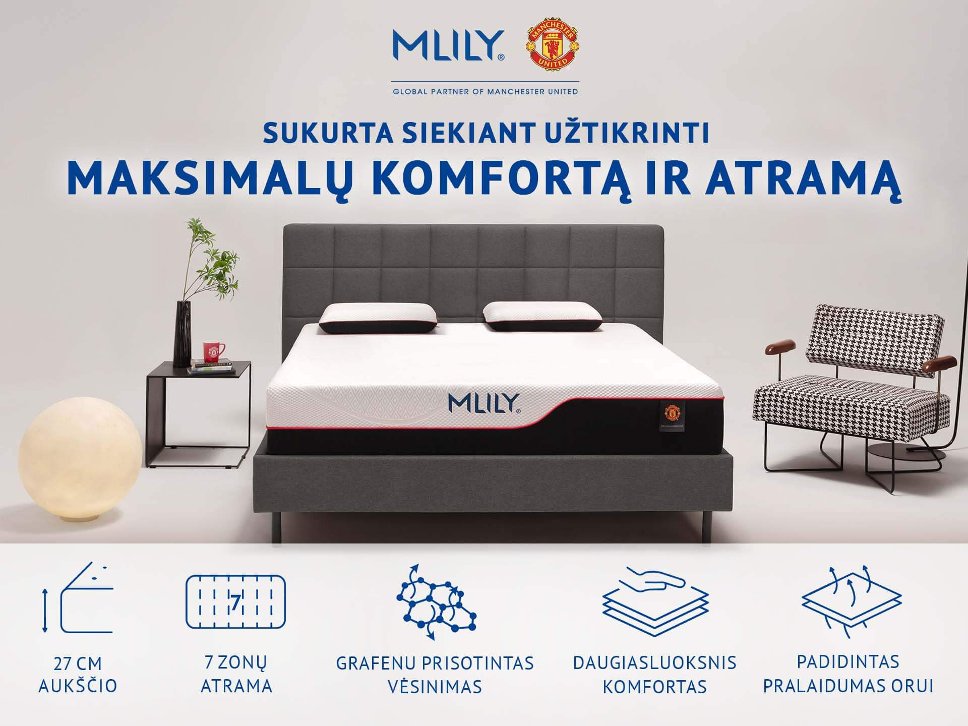 MLILY MANCHESTER UNITED SUPREME čiužinys, 27 cm. Vidutinio kietumo, sukurtas bendradarbiaujant su „Manchester United“ žaidėjais, anglies pluoštu dengtas užvalkalas, 7 zonos, „Memory“ medžiaga, CoolFlex® putos