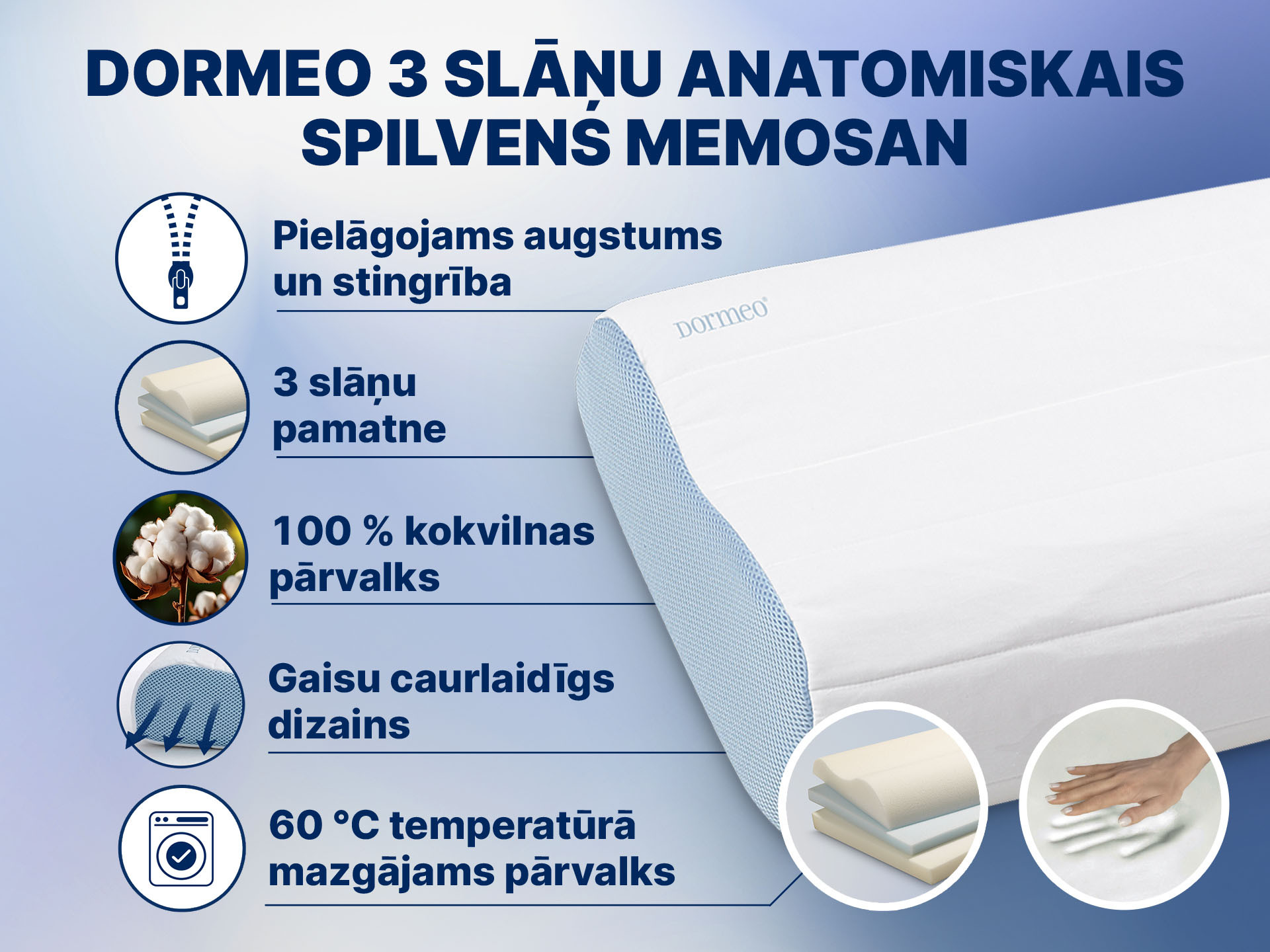Dormeo 3-slāņu anatomiskais spilvens Memosan, 30x50 cm