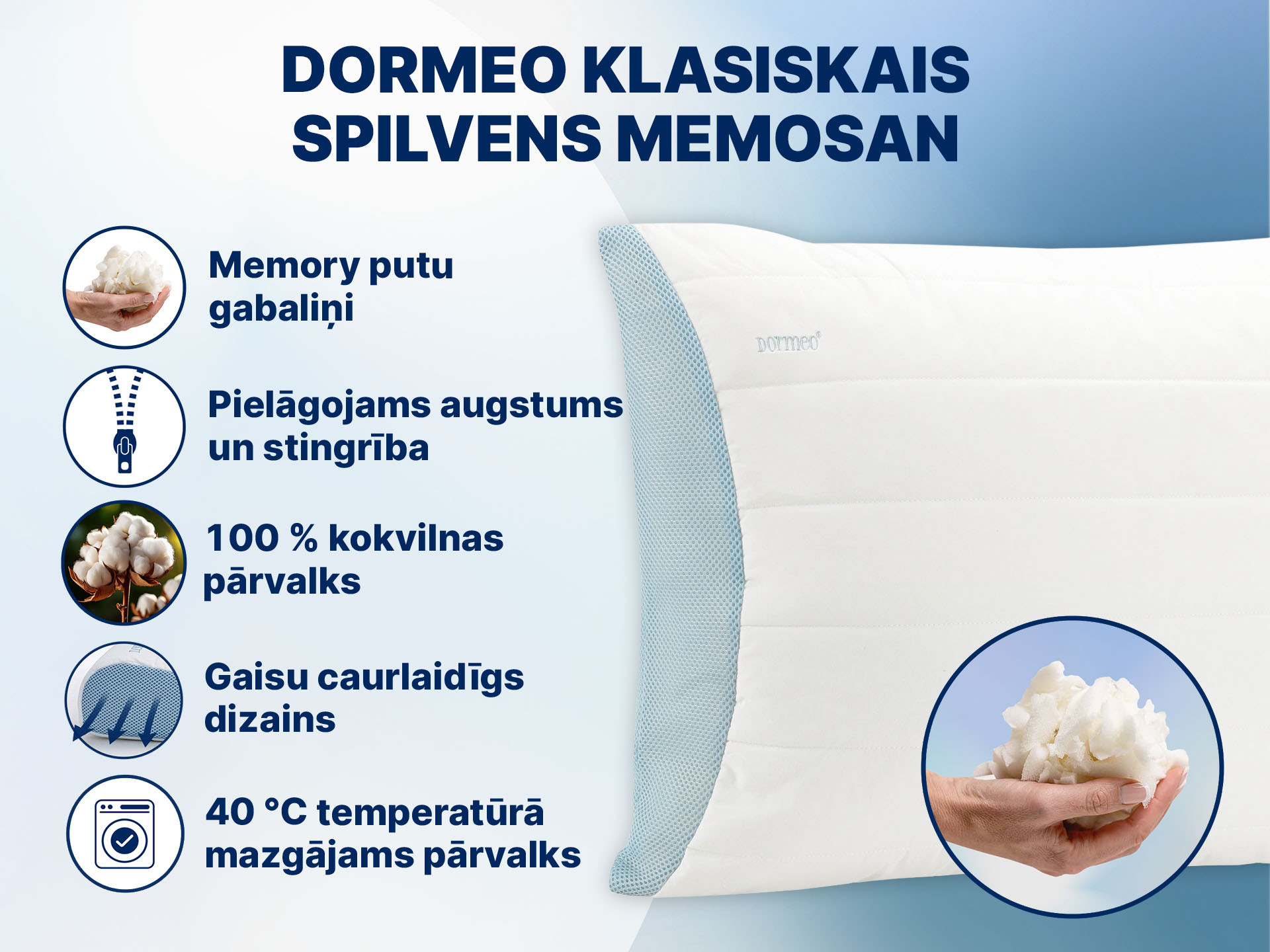 Dormeo klasiskais spilvens Memosan MF, 50x70 cm