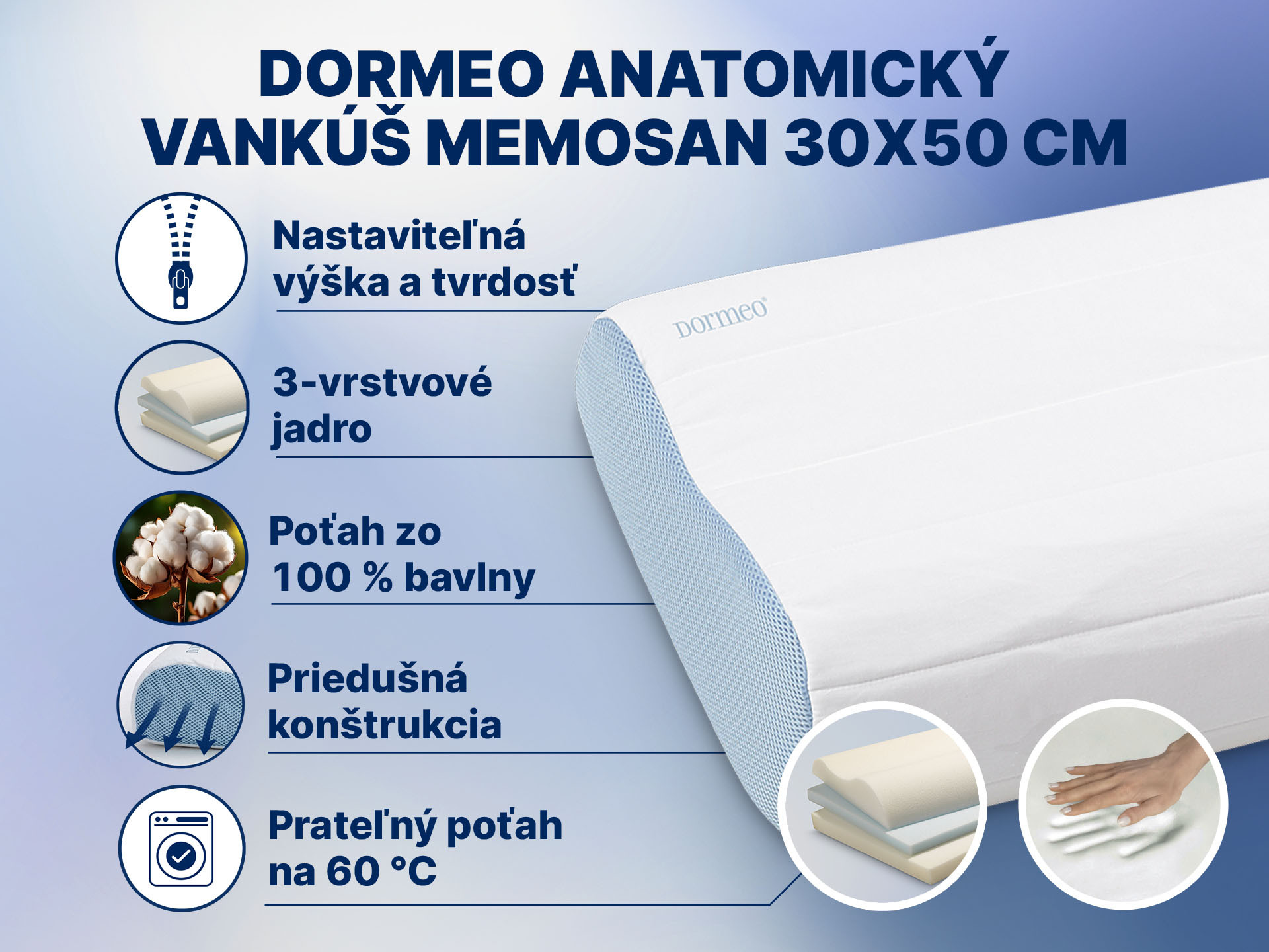 Dormeo anatomický vankúš Memosan 30x50 cm