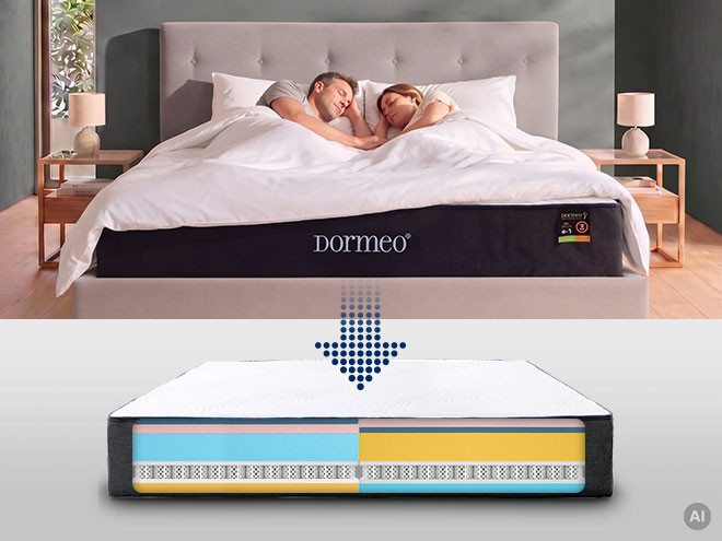 Cuplu care doarme pe o saltea Dormeo, cu o secțiune transversală dedesubt ce arată cele două părți configurate diferit